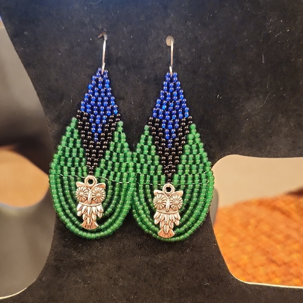 Hand Crafted Green and Blue Beaded Earrings With an Owl Charm